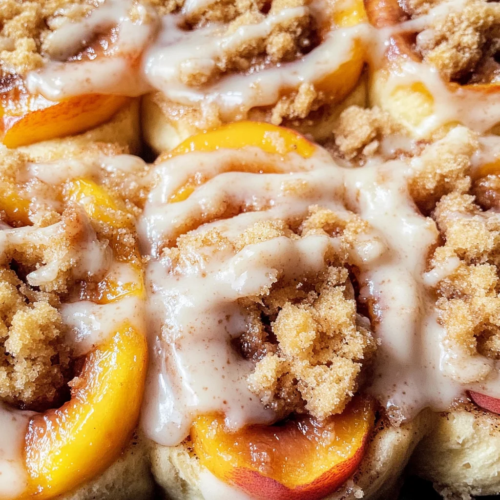 Peach Cobbler Cinnamon Rolls with Crumb Topping