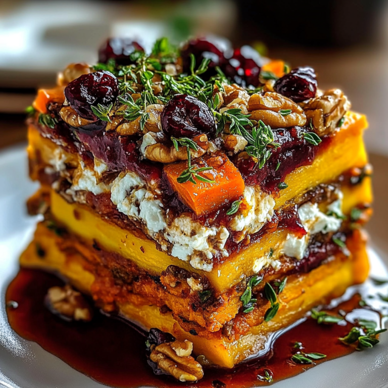 Layered Sweet Potato, Butternut Squash, Carrot Lasagna with Feta, Walnuts, and Cranberry-Honey Glaze