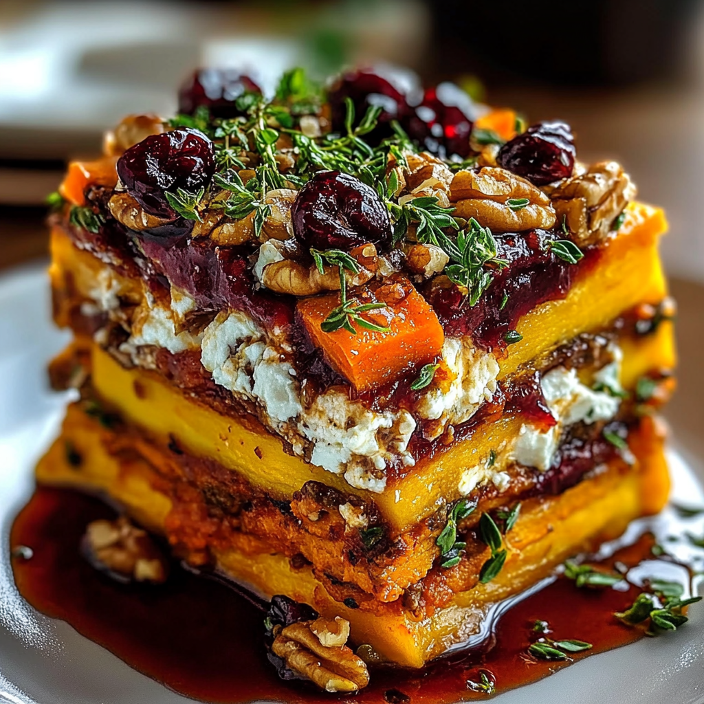 Layered Sweet Potato, Butternut Squash, Carrot Lasagna with Feta, Walnuts, and Cranberry-Honey Glaze