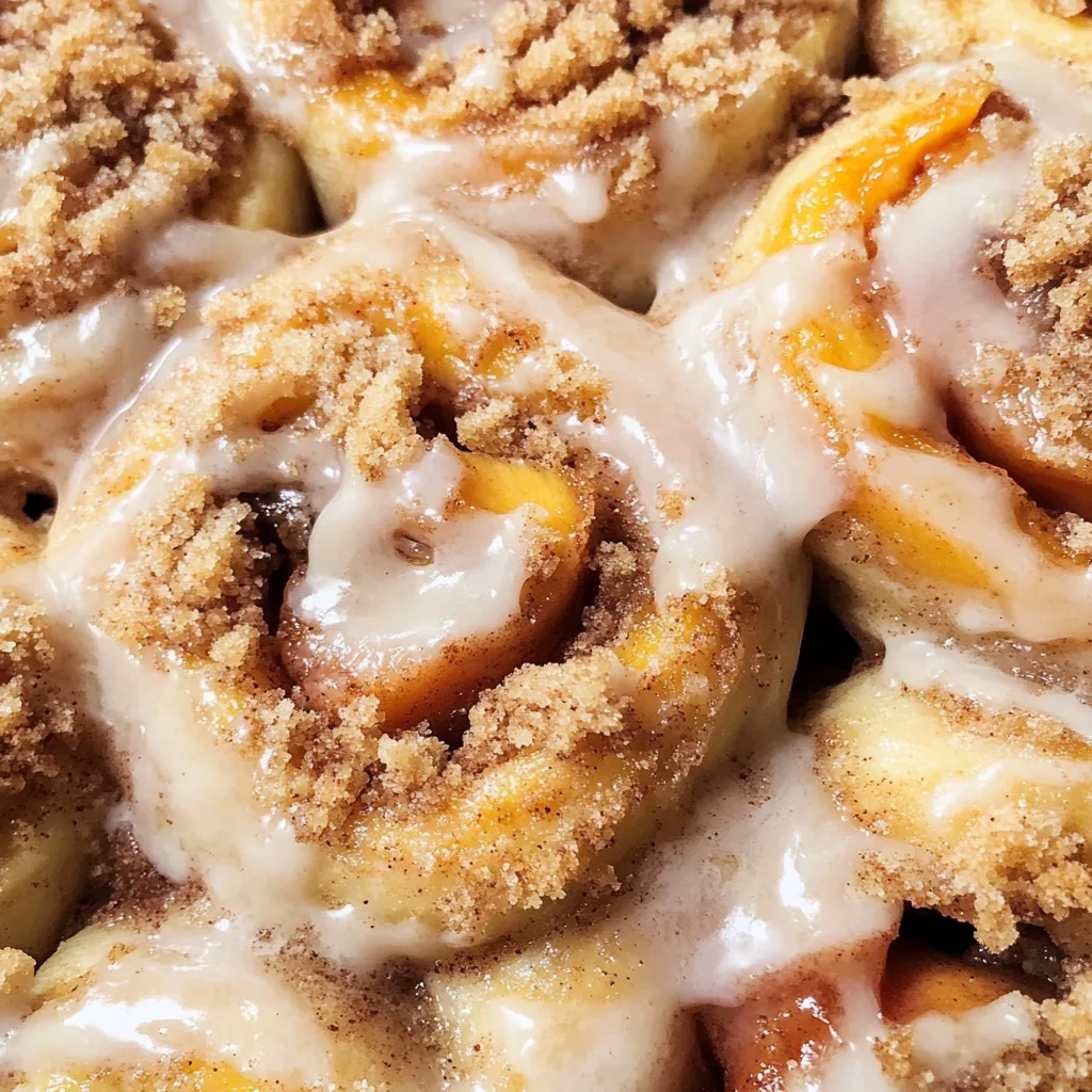 Peach Cobbler Cinnamon Rolls with Crumb Topping